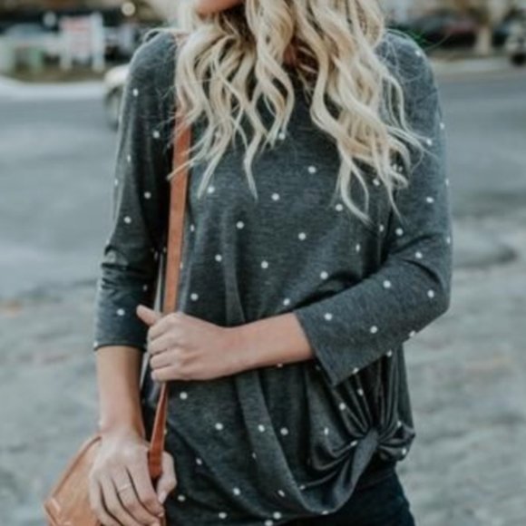 Lime & Chili Tops - Vici Dolls Gray/White Polka Dot Knot Front Top EUC